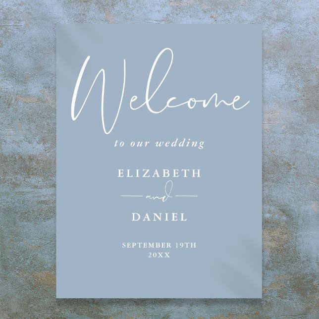 Elegantes, modernes Blue Wedding Begrüßungszeichen Poster (Elegant Modern Dusty Blue Wedding Welcome Sign)
