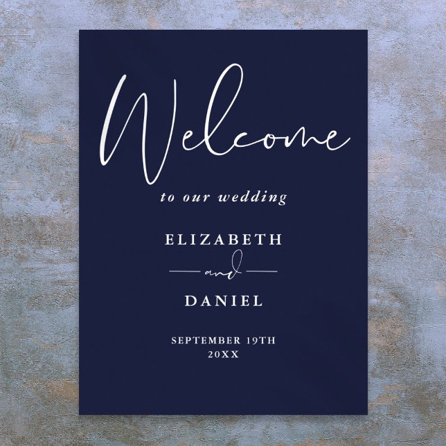 Elegantes, modernes Blue Wedding Willkommenszeiche Poster (Elegant Modern Navy Blue Wedding Welcome Sign)
