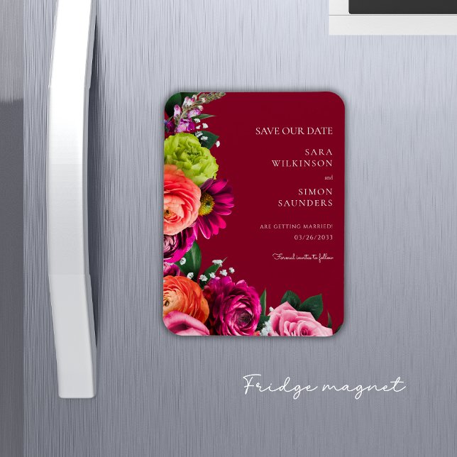 elegantes, modernes Blumenburgund Save the Date Magnet (fun burgundy colorful florals save the date fridge magnet)