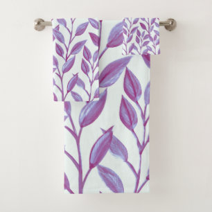 Elegantes modernes botanisches Lila Blätter-Muste Badhandtuch Set