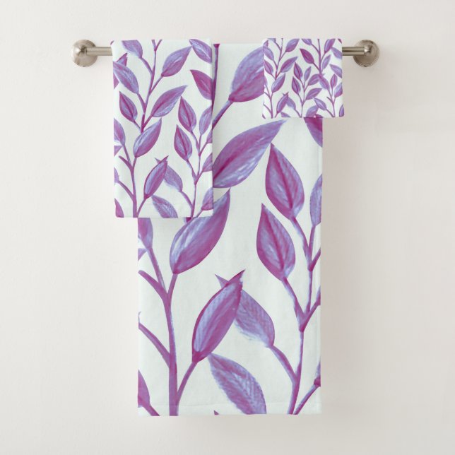 Elegantes modernes botanisches Lila Blätter-Muster Badhandtuch Set (Insitu)