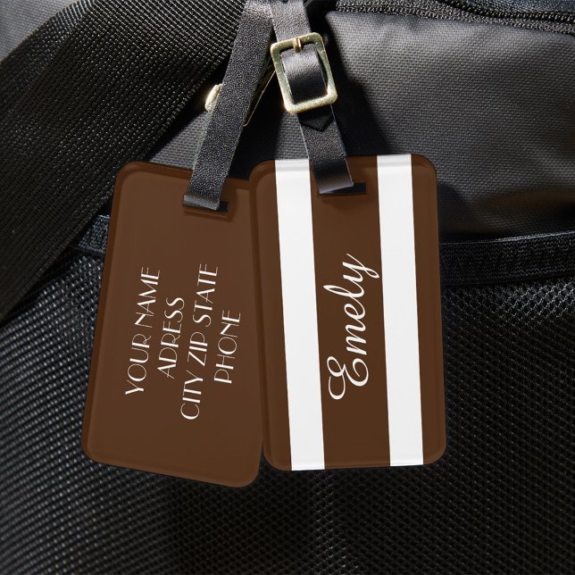 Elegantes, modernes, braunes Muster Gepäckanhänger (Elegant Modern Brown White Stripes Pattern Name Luggage Tag)