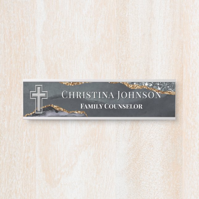 Elegantes modernes Christliches Cross Black Silver Türschild (Vorderseite )