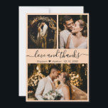 Elegantes, modernes Drehbuch 3 Foto Collage Weddin Dankeskarte<br><div class="desc">Elegantes, Peach Modern "Liebe und Dank" Script Wedding 3 Foto Collage Danke Karte. Stilvolle Hochzeit danke Ihnen Karte Vorlage mit (3) drei Foto auf der Vorderseite und (1) ein Foto auf der Rückseite. Mit dem Text "Liebe und Dank"-Skript in einer kursiven Wirblen Hand gezeichnet Typografie Swash-Schwanz-Schriftart in schwarz auf Pastellpfirsich,...</div>