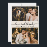 Elegantes, modernes Drehbuch 3 Foto Collage Weddin Dankeskarte<br><div class="desc">Modernes, Elfenbeinschiff "Liebe und Dank" Script Wedding 3 Foto Collage Danke Karte. Stilvolle Hochzeit danke Ihnen Karte Vorlage mit (3) drei Foto auf der Vorderseite und (1) ein Foto auf der Rückseite. Mit dem Text "Liebe und Dank"-Skript in einer kursiven Wirblen Hand gezeichnet Typografie Swash-Schwanz-Schriftart in schwarz auf hellpastellfarbenen Elfenbein,...</div>