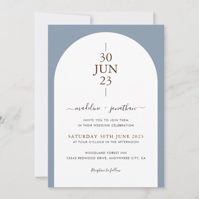 Elegantes, modernes Dusty Blue Door Foto Hochzeit Einladung (Vorderseite)