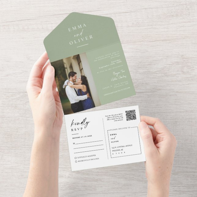 Elegantes modernes Dusty Green Boho QR Code Foto U All In One Einladung (Abreißen)