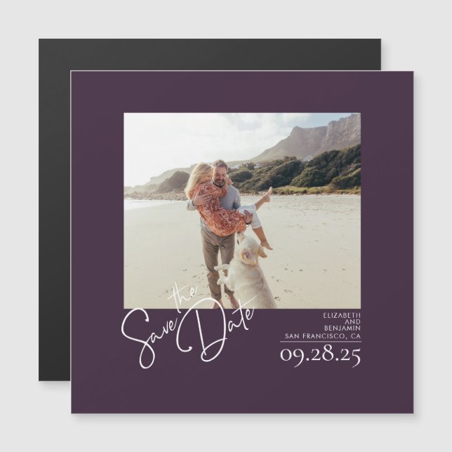 Elegantes, modernes Eggplant Lila Save the Date Fo Magneteinladung (Vorne/Hinten)