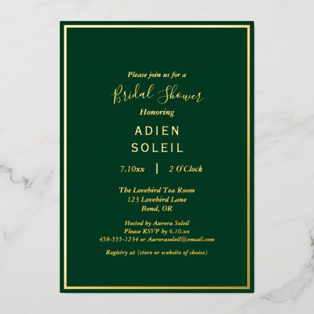 Elegantes modernes Emerald Green Gold-Brautparty Folieneinladung (Vorderseite)