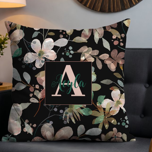 Elegantes modernes Floral-Wasser auf Schwarz Monog Kissen (Von Creator hochgeladen)