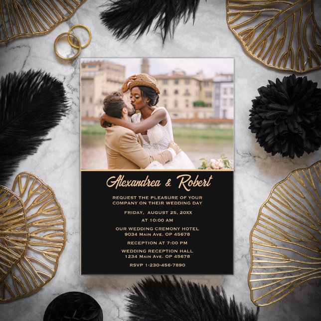 Elegantes modernes Foto Acryleinladungen (Elegant Modern Photo Gold Black Wedding Acrylic Invitations for your guest.)