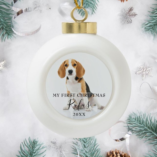 Elegantes modernes Foto für Haustiere Keramik Kugel-Ornament (Elegant Modern Pet Photo First Christmas Ceramic Ball Christmas Ornament)