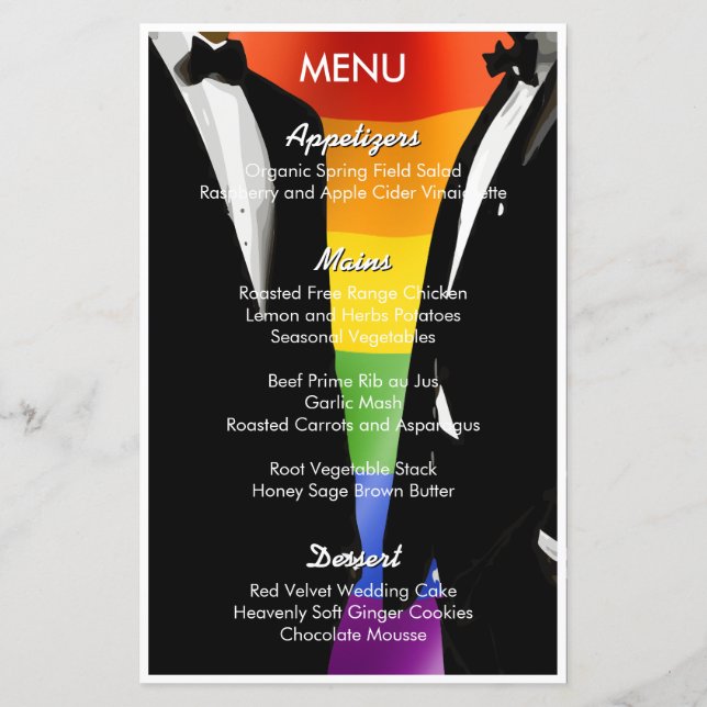 Elegantes, modernes Gay Men Rainbow Wedding Menu (Rückseite)