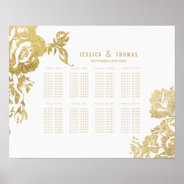 Elegantes, modernes Gold Floral Seating Chart Poster (Vorne)
