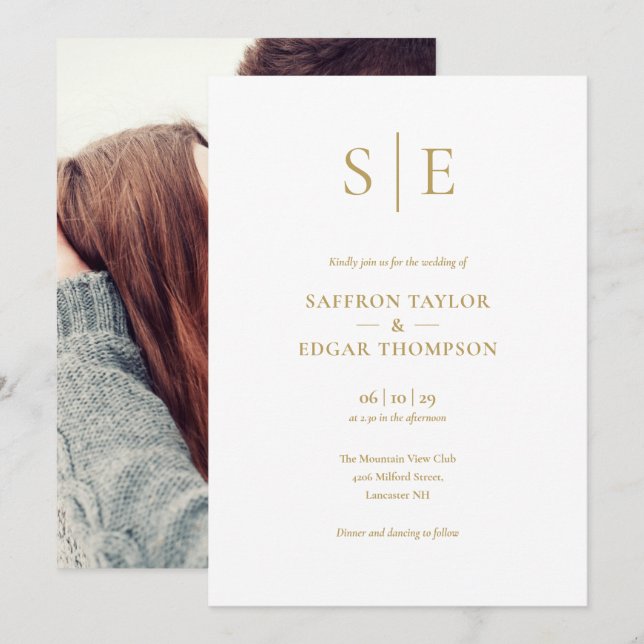 Elegantes, modernes Gold Monogram Foto Wedding Einladung (Vorne/Hinten)