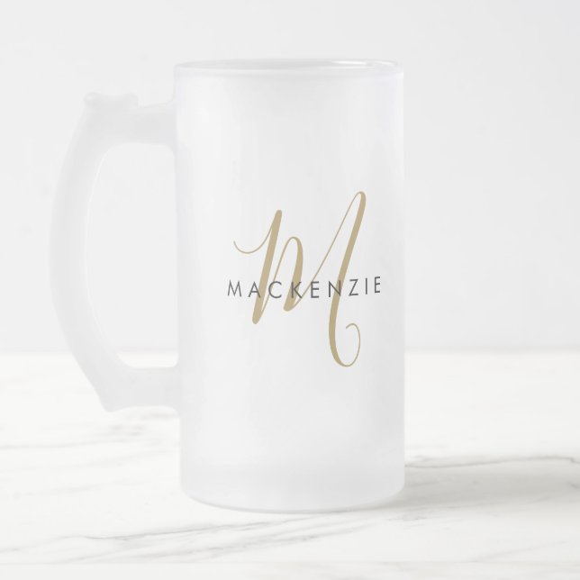 Elegantes, modernes Gold Script Monogram Mattglas Bierglas (Links)