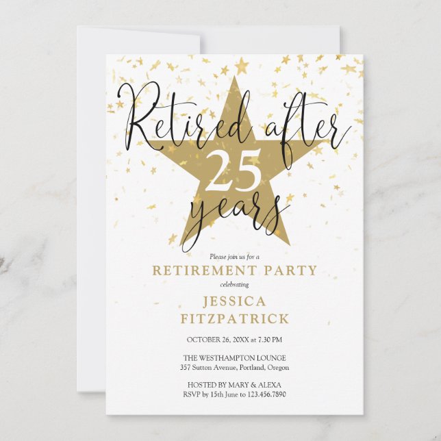 Elegantes, modernes Gold Stars Rente Party Einladung (Vorderseite)