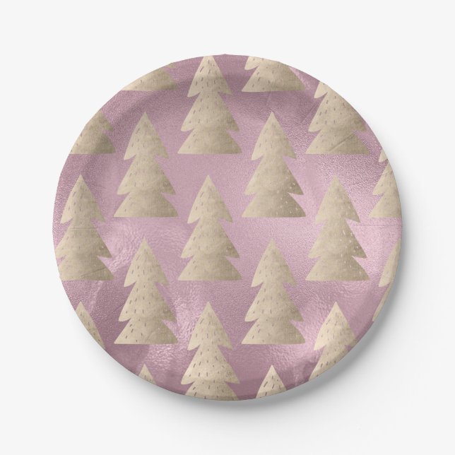Elegantes modernes Gold- und Rosa-Weihnachtsbaummu Pappteller (Vorderseite)