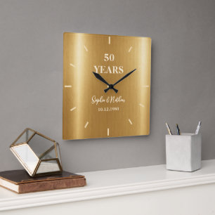 Elegantes modernes goldenes Hochzeitsjubiläums-And Quadratische Wanduhr