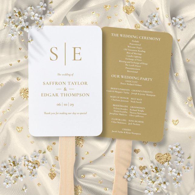Elegantes modernes goldenes Monogramm-Hochzeitspro Fächer (Elegant Modern Gold Monogram Wedding Program Hand Fan)