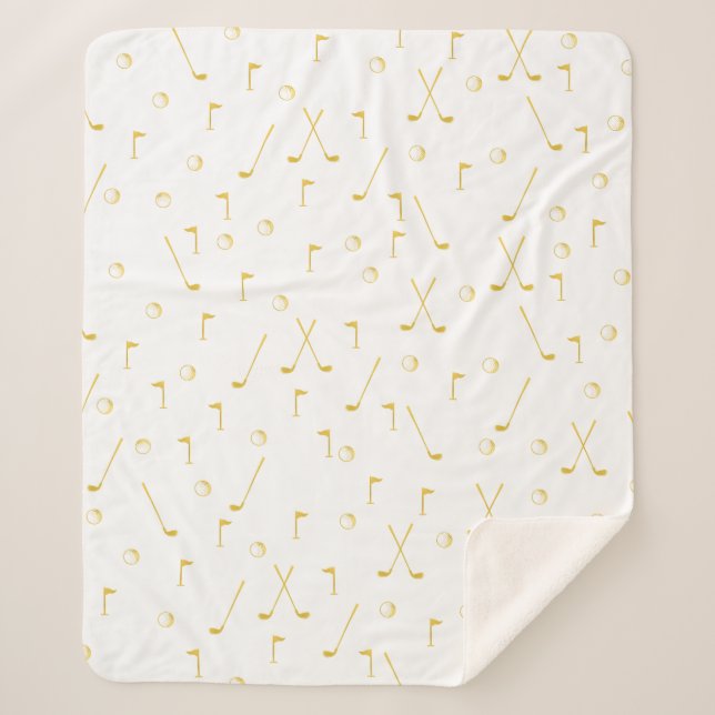 Elegantes, modernes Goldenes Muster Golfer Weiß Sherpadecke (Vorderseite)