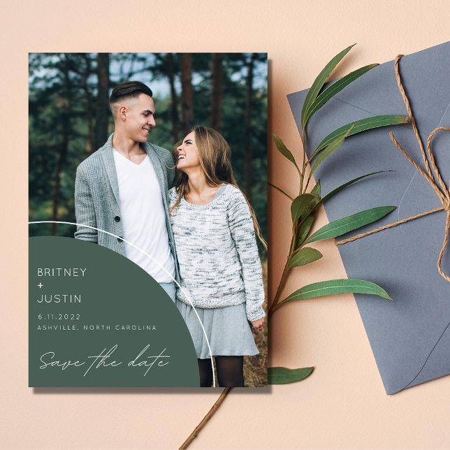 Elegantes modernes grünes Foto Hochzeit rettet das Save The Date (Modern Green Photo Wedding Save The Date)
