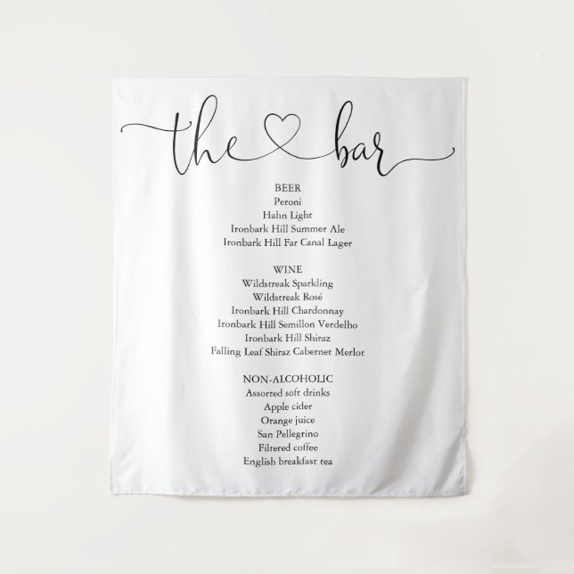 Elegantes, modernes Heart Script-Bar Menu Wandteppich (Vorderseite)