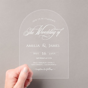 Elegantes modernes Hochzeitsskript-Design Acryleinladungen