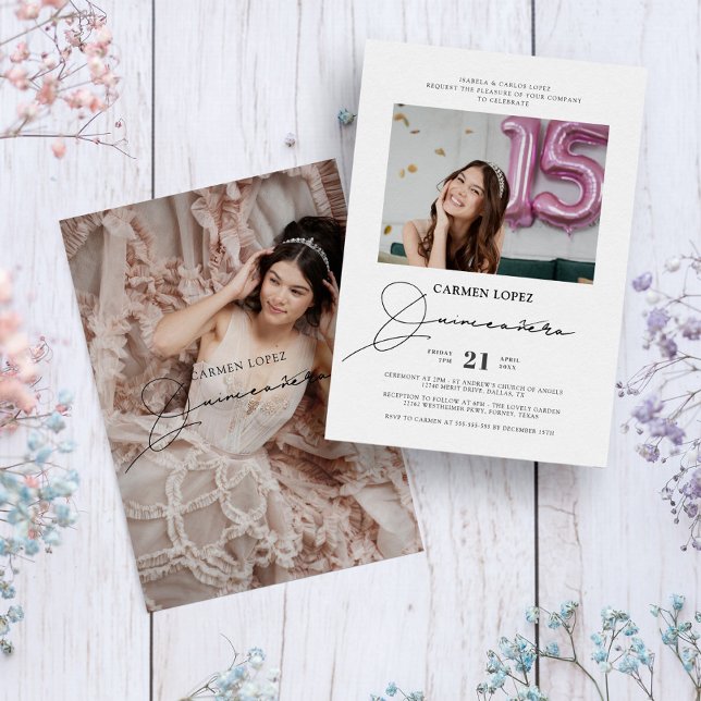 Elegantes modernes Kalligrafie-Foto Quinceanera Einladung (Von Creator hochgeladen)