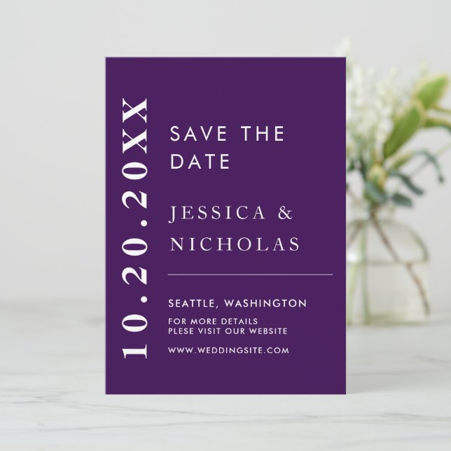 Elegantes modernes Lila einfaches HochzeitsFoto Save The Date (Stehend Vorderseite)