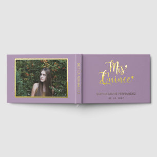 Elegantes modernes Lila Gold Foto Quinceañera Gästebuch