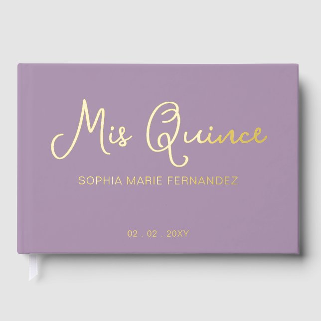 Elegantes modernes Lila Gold Foto Quinceañera Gästebuch (Vorderseite)