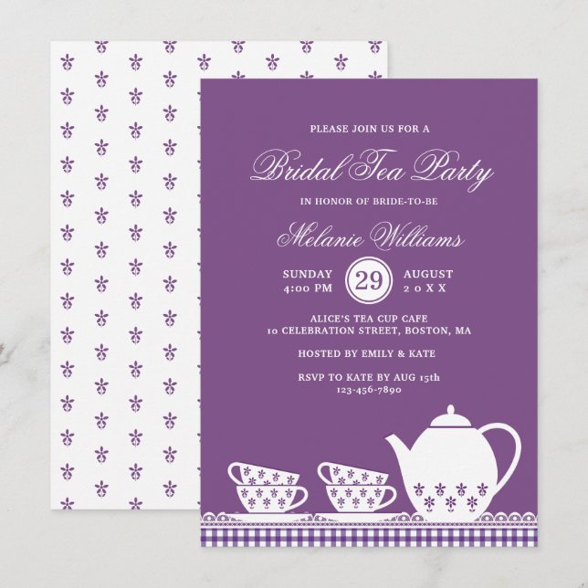 Elegantes modernes Lila Tea Party Brautparty Einladung (Vorne/Hinten)