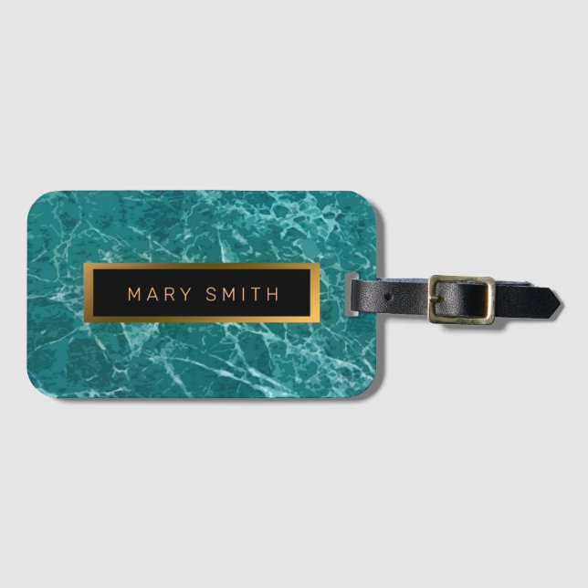 Elegantes, modernes Marmorschwarz Gold Gepäckanhänger (Vorderseite (Horizontal))