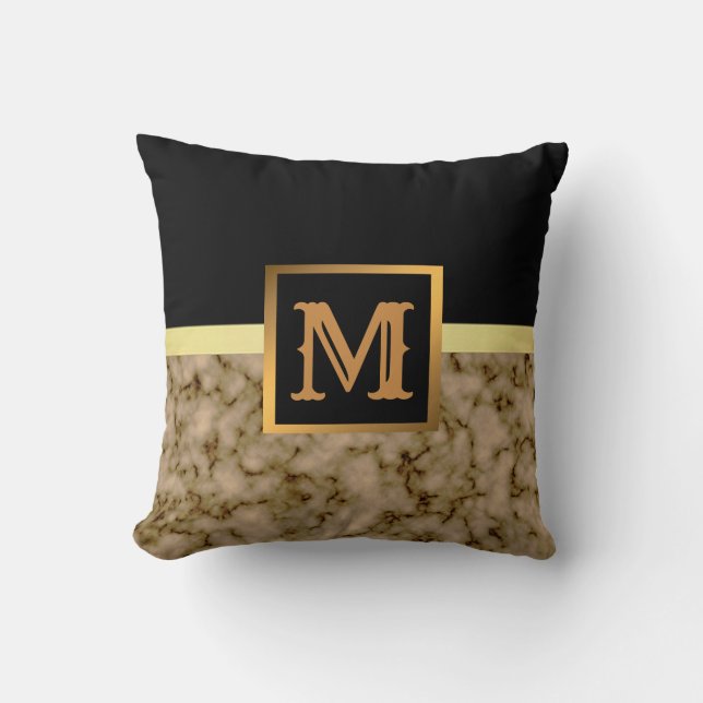 Elegantes, modernes Marmorschwarz Gold Kissen (Vorderseite)