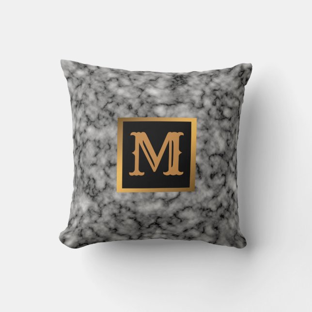 Elegantes, modernes Marmorschwarz Gold Kissen (Vorderseite)