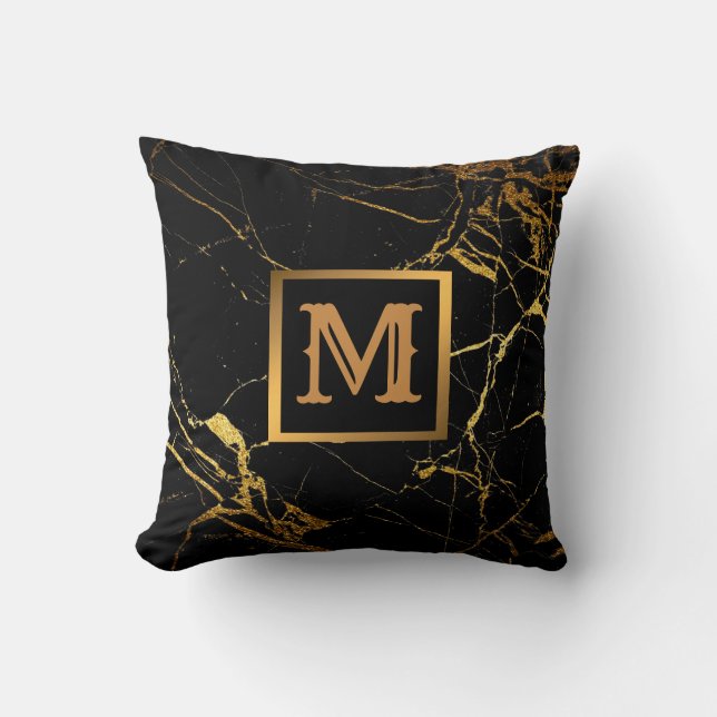 Elegantes, modernes Marmorschwarz Gold Kissen (Vorderseite)