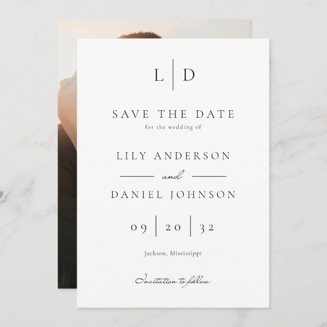 Elegantes modernes Minimalistisches Monogramm-Foto Save The Date (Vorne/Hinten)