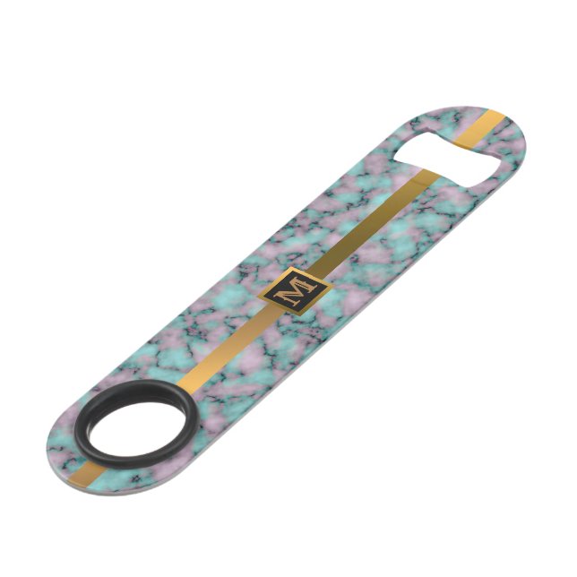 Elegantes, modernes Mit Monogramm Marmorschwarz Speed Flaschenöffner (Vorderseite Schrägansicht)