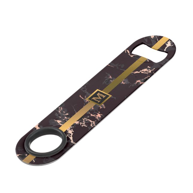 Elegantes, modernes Mit Monogramm Marmorschwarz Speed Flaschenöffner (Vorderseite Schrägansicht)