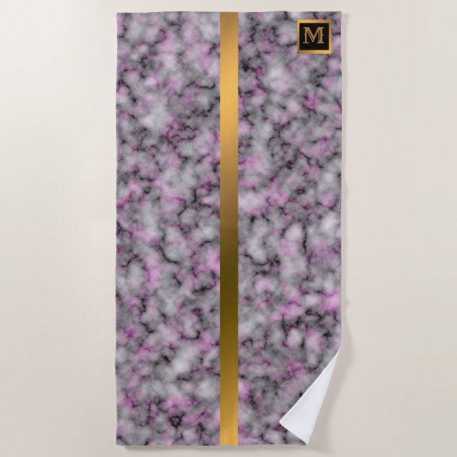 Elegantes, modernes Mit Monogramm Marmorschwarz Strandtuch (Vorderseite)