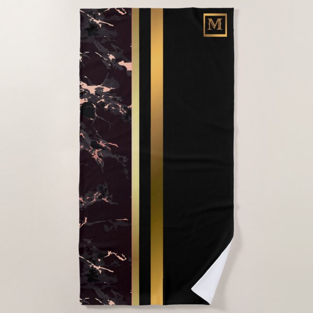Elegantes, modernes Mit Monogramm Marmorschwarz Strandtuch (Vorderseite)