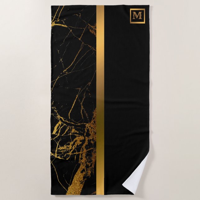 Elegantes, modernes Mit Monogramm Marmorschwarz Strandtuch (Vorderseite)