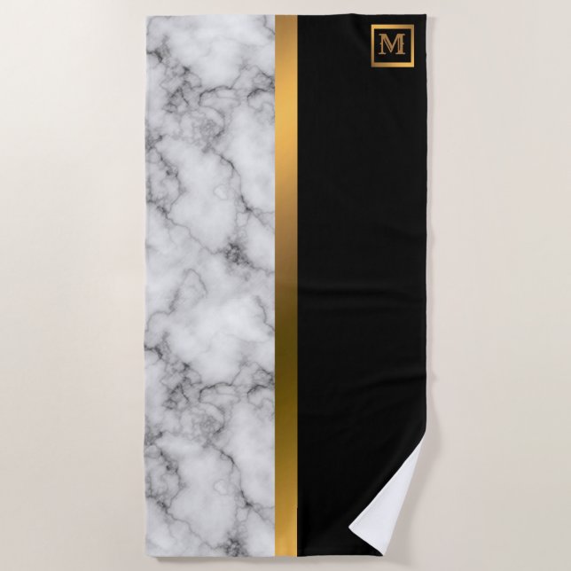 Elegantes, modernes Mit Monogramm Marmorschwarz Strandtuch (Vorderseite)