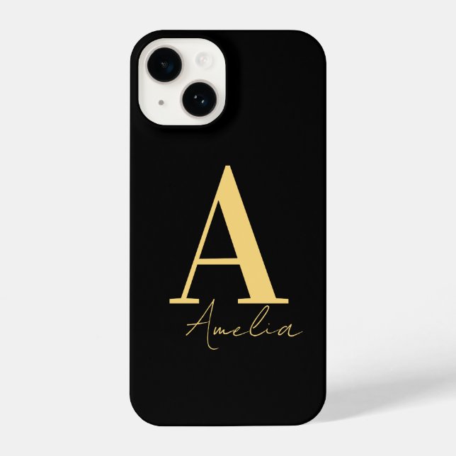 Elegantes, modernes Monogramm-Schwarzes Gold iPhone 14 Hülle (Rückseite)