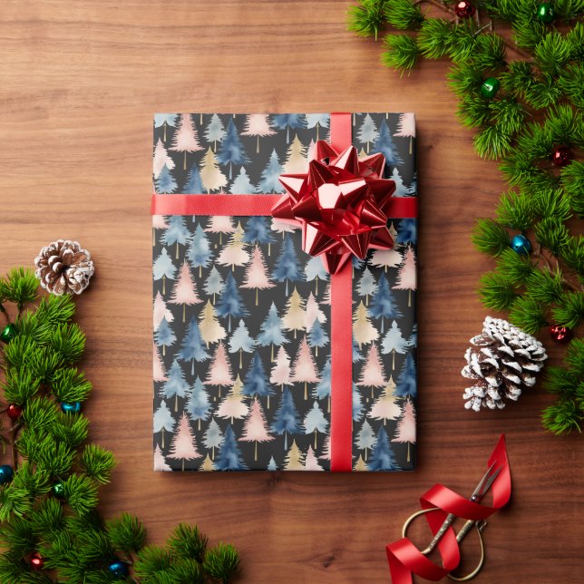 Elegantes modernes Peach Black Christmas Trees Mus Geschenkpapier (Feiertagsgeschenk)