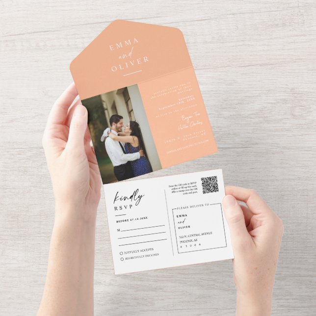 Elegantes modernes Peach Boho QR Code Foto UAWG All In One Einladung (Abreißen)
