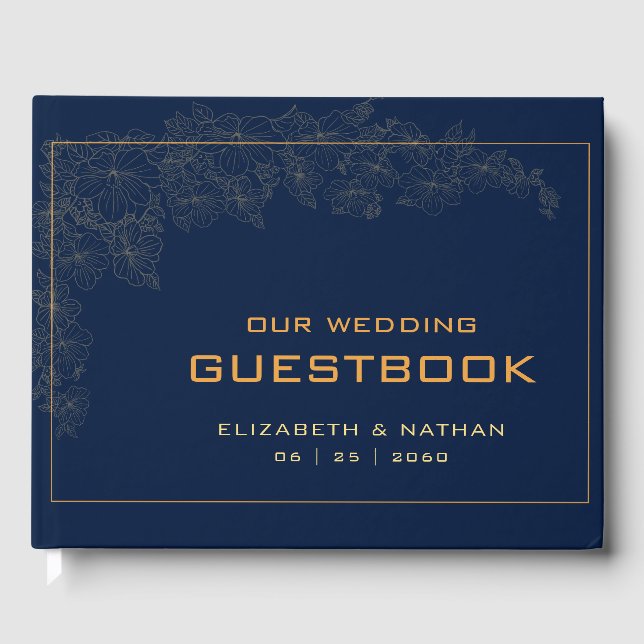 Elegantes, modernes Retro Gold Navy Blue Wedding Z Gästebuch (Vorderseite)