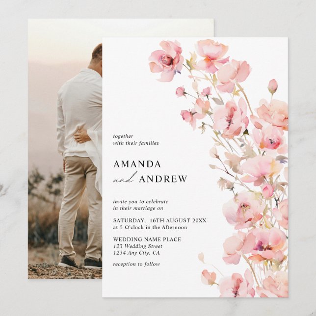 Elegantes, modernes Rosa Foto Hochzeit Einladung (Vorne/Hinten)