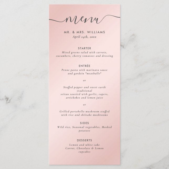 Elegantes, modernes Rosa-Grau-Hochzeitsmenü Menükarte (Vorderseite)